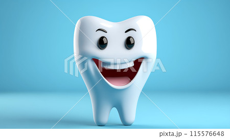 3D Smiling Healthy tooth face Funny dental Cartoon character on blue background AI Generated 115576648