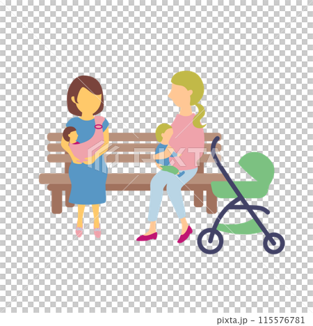 Illustration of mothers with babies having a friendly conversation on a bench Illustration of mothers with babies having a friendly conversation on a bench 115576781