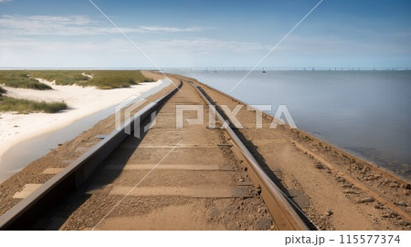風景イメージ：海沿いの線路 115577374