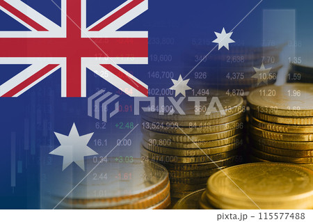 Australia flag with stock market finance, economy trend graph digital technology. 115577488