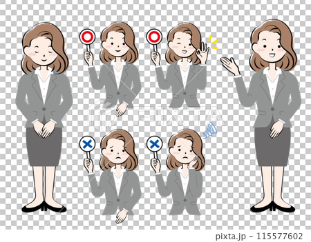 Set of women in suits bowing, guidance, yes or no Set of women in suits bowing, guidance, yes or no 115577602