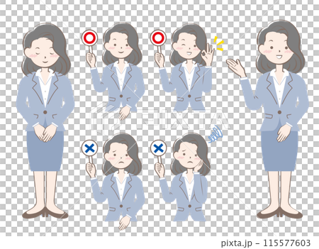 Set of women in suits bowing, guidance, yes or no Set of women in suits bowing, guidance, yes or no 115577603