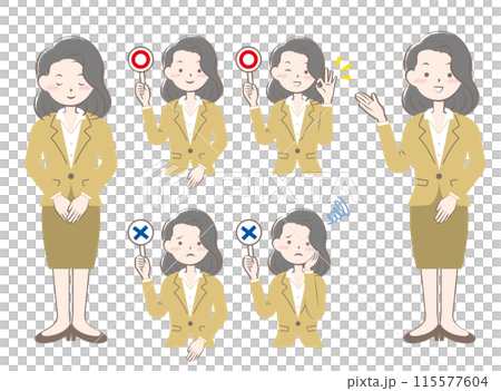 Set of women in suits bowing, guidance, yes or no Set of women in suits bowing, guidance, yes or no 115577604