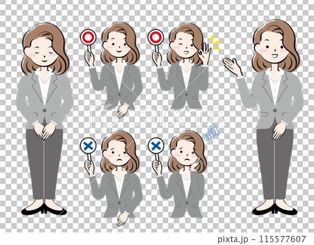 Set of women in suits bowing, guidance, yes or no 115577607