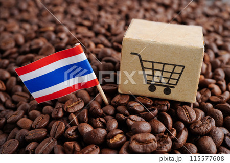 Thailand flag on coffee beans, shopping online for export or import food product. Thailand flag on coffee beans, shopping online for export or import food product. 115577608