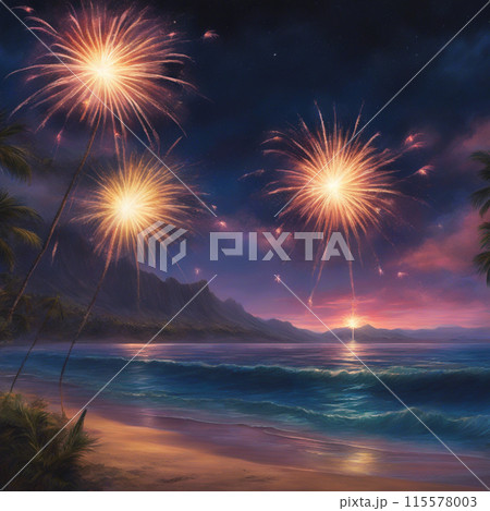 ハワイの夜、海の上の花火 115578003