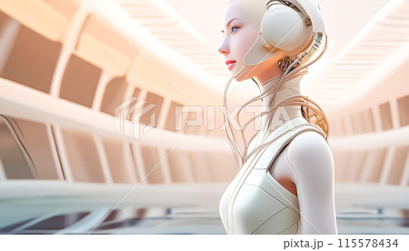 CG背景イラスト 女性型ロボットと宇宙船の背景 CG背景イラスト 女性型ロボットと宇宙船の背景 115578434