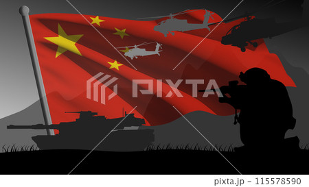 China prepares for war, the silhouette of a war zone with the large flag of the country in the background China prepares for war, the silhouette of a war zone with the large flag of the country in the background 115578590