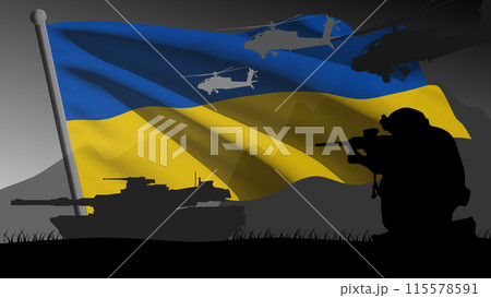Ukraine prepares for war, the silhouette of a war zone with the large flag of the country in the background 115578591