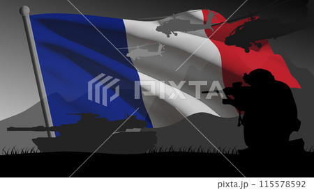 France prepares for war, the silhouette of a war zone with the large flag of the country in the background 115578592