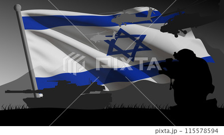 Israel prepares for war, the silhouette of a war zone with the large flag of the country in the background Israel prepares for war, the silhouette of a war zone with the large flag of the country in the background 115578594