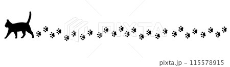猫　シルエット　肉球　足跡　ライン　モノクロ 115578915
