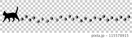 猫　シルエット　肉球　足跡　ライン　モノクロ 115578915
