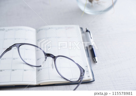 スケジュール帳とメガネ 115578981