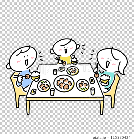 Family of three eating with smiles, son, family, meal, dining table Family of three eating with smiles, son, family, meal, dining table 115580424