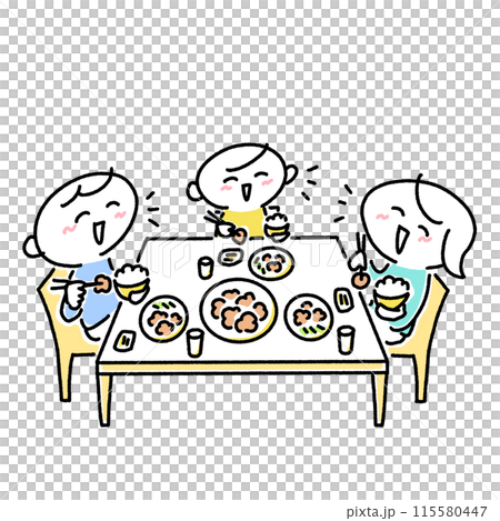 Family of three eating with smiles, son, family, meal, dining table 115580447