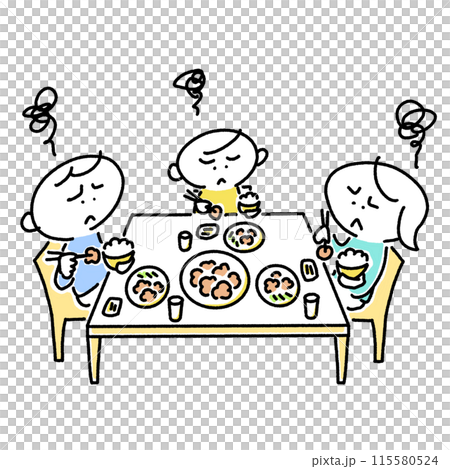 美味しくない食事にモヤモヤする3人家族 115580524