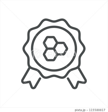 Honey Emblem Icon. Simple Line Illustration of a Quality Badge with Honeycomb Pattern, Symbolizing Certified Honey Quality. Vector Symbol on White Background. Honey Emblem Icon. Simple Line Illustration of a Quality Badge with Honeycomb Pattern, Symbolizing Certified Honey Quality. Vector Symbol on White Background. 115580817