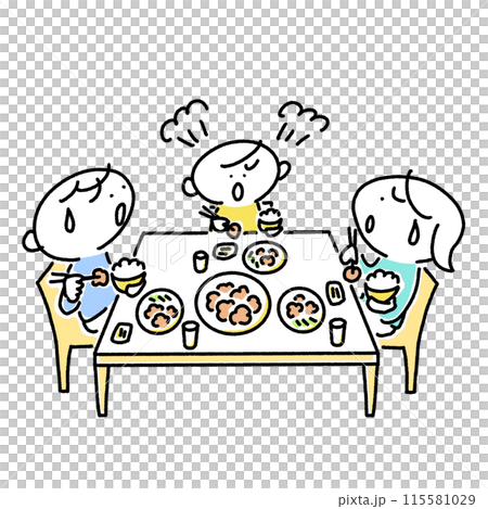 生氣的孩子和困惑的父母在吃飯時、禁忌期、不喜歡、喜歡和不喜歡 115581029