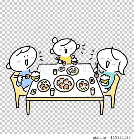 Family of three eating with smiles, daughter, family, meal, dining table 115581182