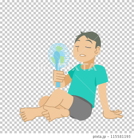 ハンディ扇風機で涼む男の子のイラスト 115581193