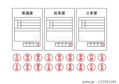 稟議書・起案書・立案書と肩書を表す印鑑文字のアイコンセット 115581194