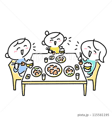 笑顔で食事をする3人家族 娘 だんらん 食事 食卓 笑顔で食事をする3人家族 娘 だんらん 食事 食卓 115581195