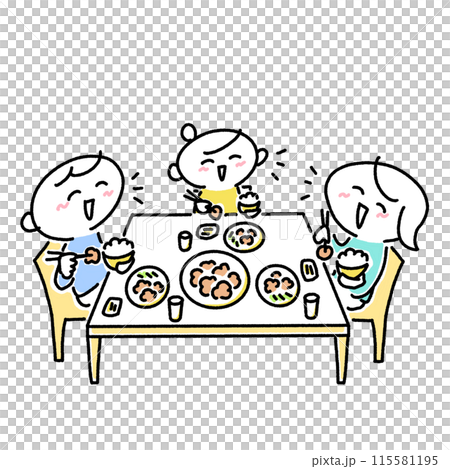 笑顔で食事をする3人家族 娘 だんらん 食事 食卓 笑顔で食事をする3人家族 娘 だんらん 食事 食卓 115581195