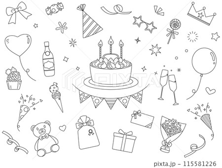 パーティーのイラスト線画セット、アイコン、誕生日、お祝い、イベント 115581226