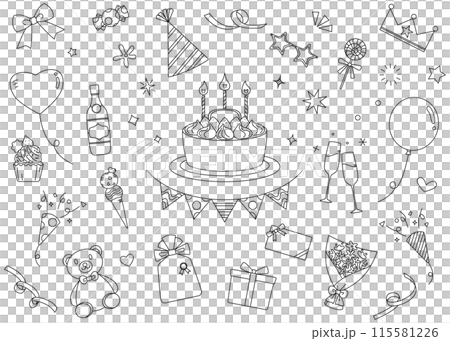 パーティーのイラスト線画セット、アイコン、誕生日、お祝い、イベント 115581226