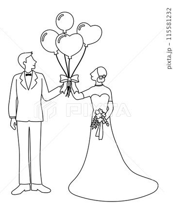 ハート型の風船を持つ花嫁と花婿の線画 115581232