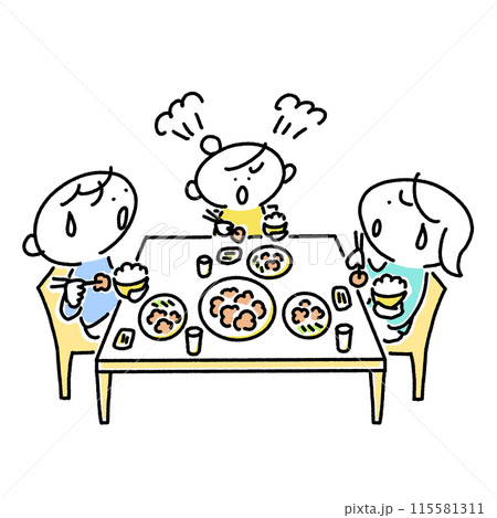 食事中に怒る子供と困惑する両親 イヤイヤ期 嫌がる 好き嫌い 食事中に怒る子供と困惑する両親 イヤイヤ期 嫌がる 好き嫌い 115581311