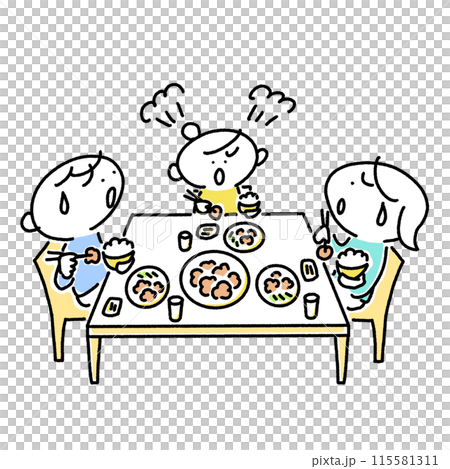 生氣的孩子和困惑的父母在吃飯時、禁忌期、不喜歡、喜歡和不喜歡 115581311
