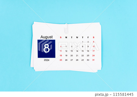 August Calendar 2024 page on blue background. 115581445