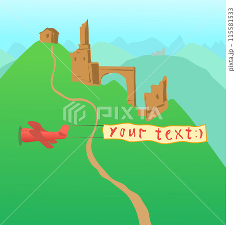 A red plane flies over the green mountains. On the mountain stands a ruined ancient castle. In the distance you can see the same mountains on which something is built. Ancient architectural ruins.  115581533