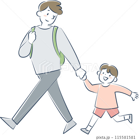 手をつないで歩く男の子と父親 115581581