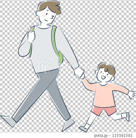 手をつないで歩く男の子と父親 115581581