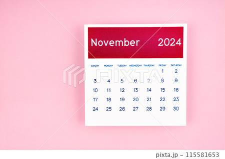 calendar page November 2024 on pink background. 115581653