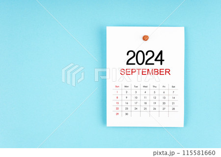 September 2024 calendar page with push pin on blue background. September 2024 calendar page with push pin on blue background. 115581660