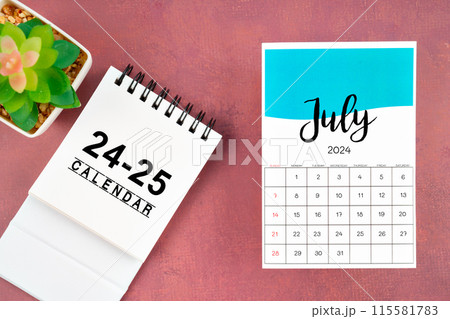 July 2024 calendar page with plant pot on red background. July 2024 calendar page with plant pot on red background. 115581783