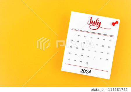 Jul 2024 calendar page with red push pin on yellow background. Jul 2024 calendar page with red push pin on yellow background. 115581785
