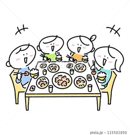 笑顔で食事をする4人家族 だんらん 食事 食卓 笑顔で食事をする4人家族 だんらん 食事 食卓 115581850