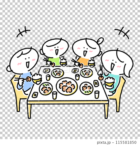 A family of four eating with smiles, family time, meal, dining table A family of four eating with smiles, family time, meal, dining table 115581850