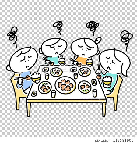 美味しくない食事にモヤモヤする4人家族 115581900