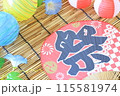 すだれの上に置いてある祭りのうちわとヨーヨーと提灯 115581974