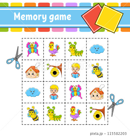 Memory game for kids. Education developing worksheet. Activity page with pictures. Puzzle game for children. Logical thinking training. Funny character. cartoon style. Vector illustration. 115582203