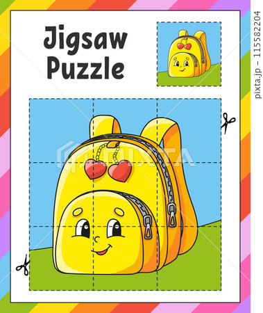 Jigsaw Puzzle. Cut and play. Square puzzle. Logic game for kids. Activity page. Cutting practice for preschool. cartoon character. Vector illustration. 115582204