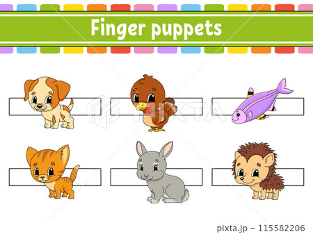 Finger puppets. Activities for kids. Cute cartoon characters. Vector illustration. 115582206