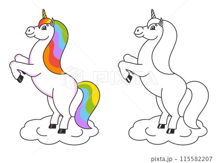 Coloring book for kids. The magical unicorn reared up. The animal horse stands on its hind legs. Cartoon style. Simple flat vector illustration. 115582207