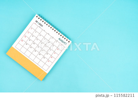 2024 August Desk Calendar On Blue Background. 115582211